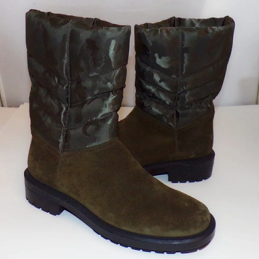 AQUATALIA Lori Waterproof Boots Olive Green Sude/Camo Nylon sz‎ 7.25 New